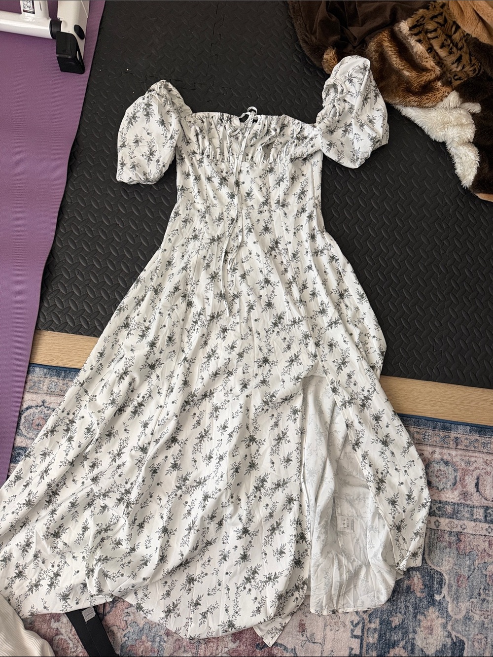 Off-Shoulder White Floral Maxi Dress with Puff Sleeves